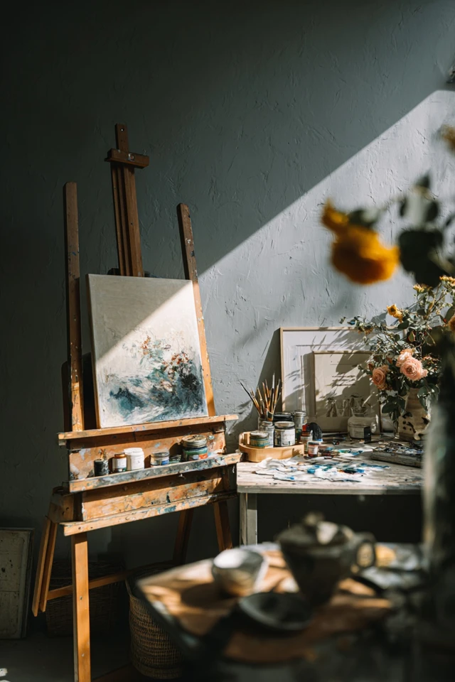 Home art studio corner showing a work surface and supplies in a cozy modern style