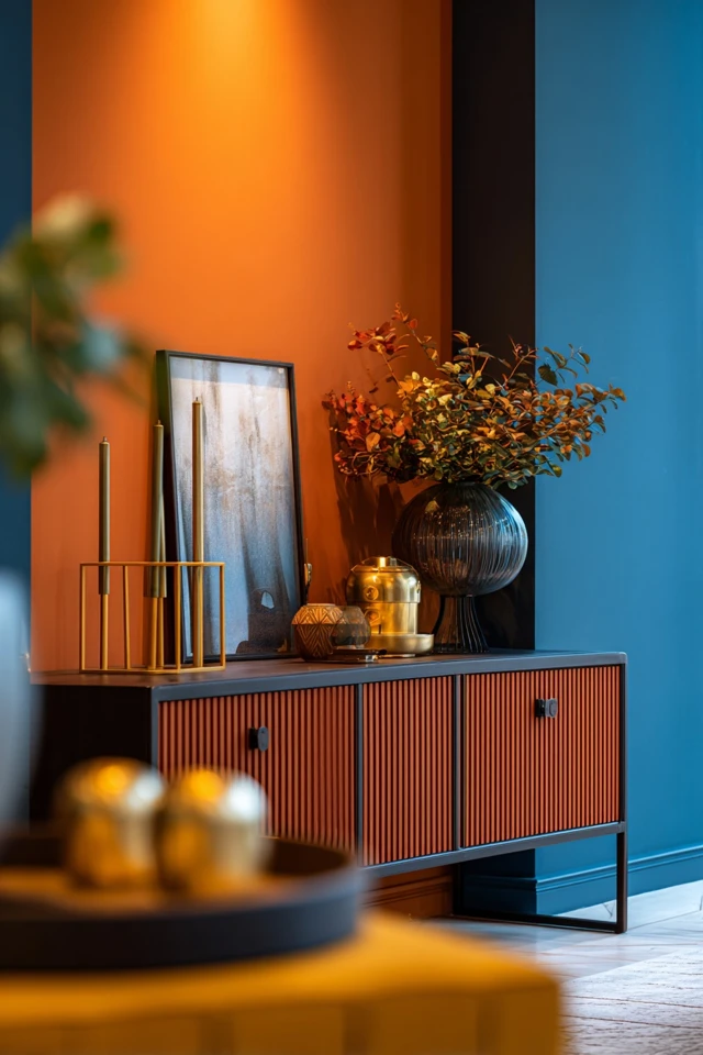 Interior with brown furniture paired with light wall colors and accent pieces