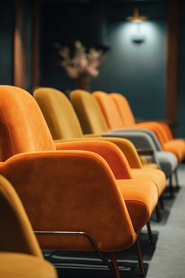 Small home theater room with compact seating facing a wall-mounted screen