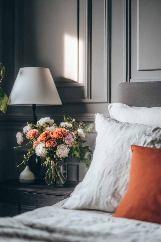 Victorian bedroom decor detail showing ornate furniture and textured bedding