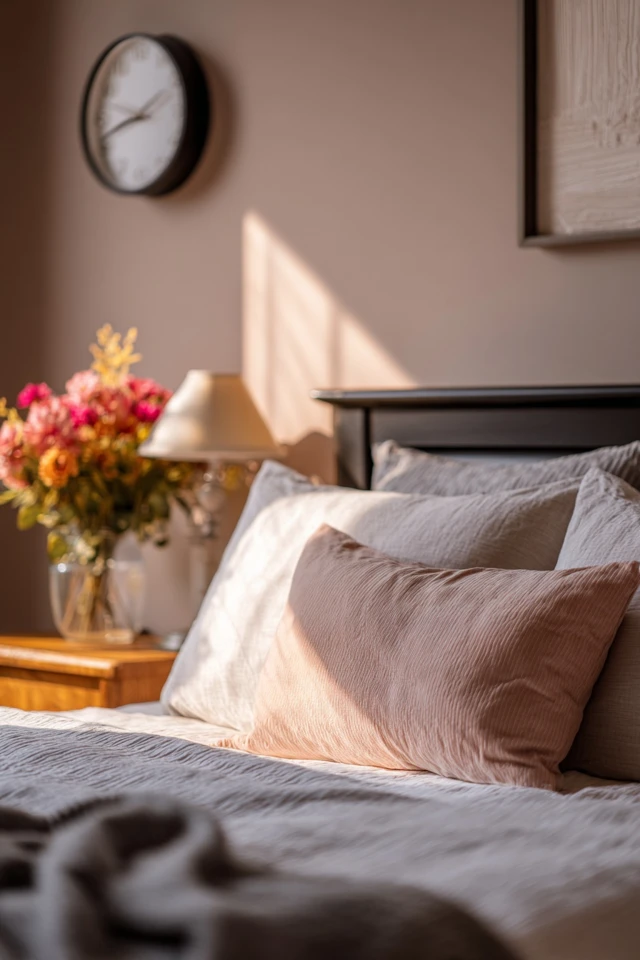 Masculine bedroom with layered bedding and simple furniture