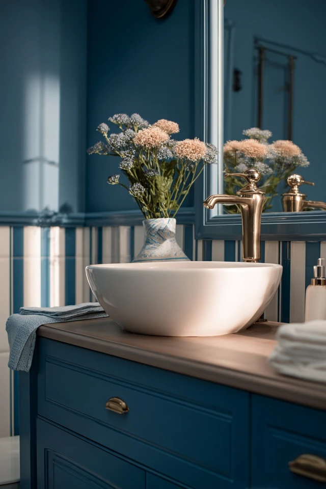 Bathroom with a blue vanity shown as a light blue shade example