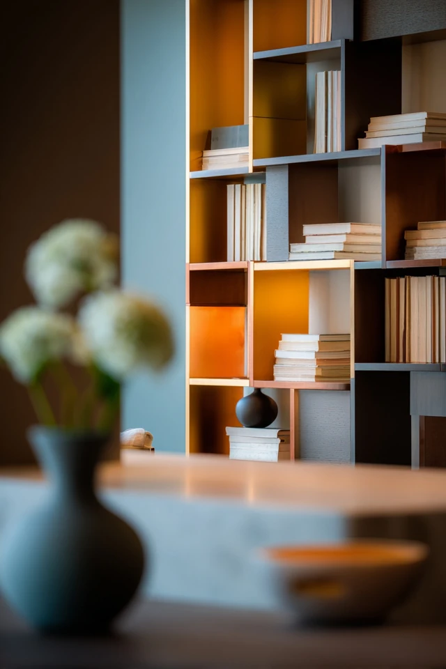 Bedroom with a bookcase headboard styled with books and decor behind the bed