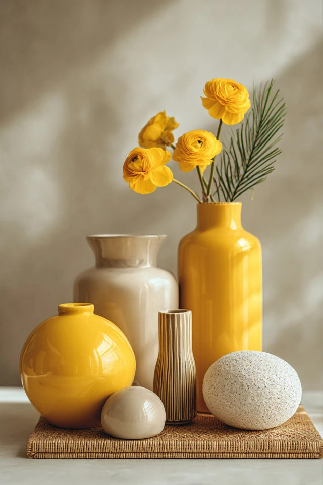 Room decorated with yellow accents paired with neutral tones