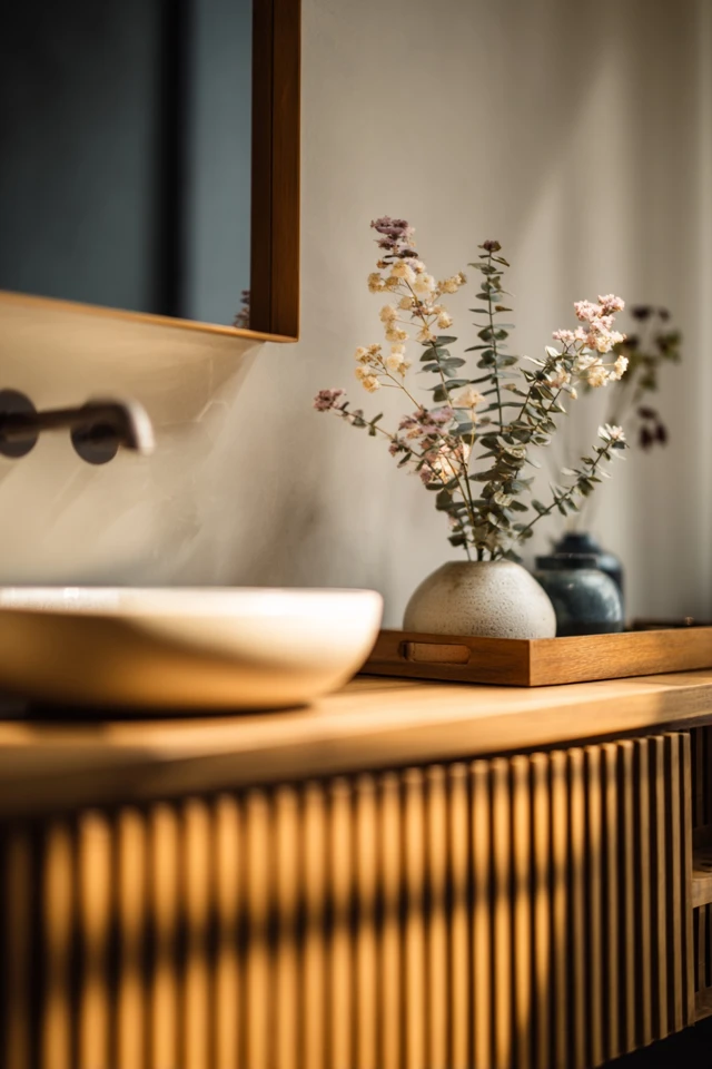Japanese style bathroom with soaking tub area and natural materials