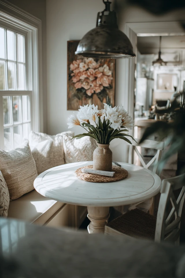 Compact breakfast nook with a table and bench seating in a small kitchen corner