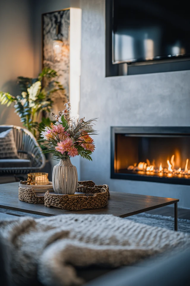 Living room with a contemporary fireplace and a wall-mounted TV above it