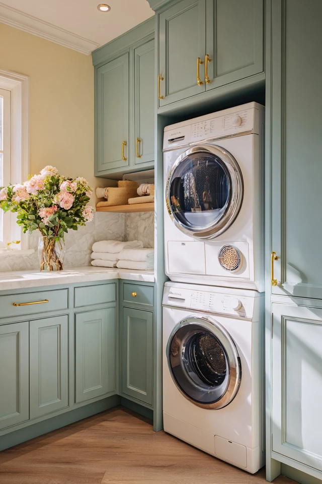 Laundry area with washer and dryer tucked behind paneled doors in a tidy home