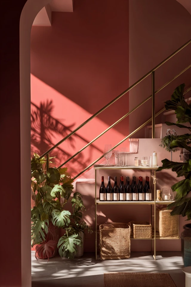 Styled bar cart with bottles, glassware and decor in a home interior