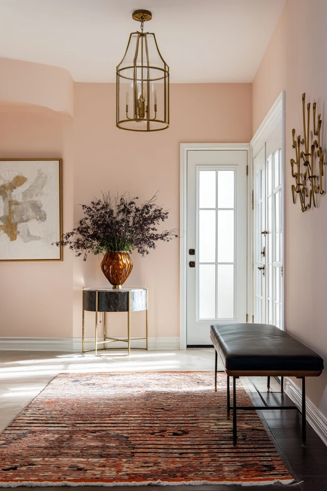 Entryway foyer with seating and decorative accents arranged by the door