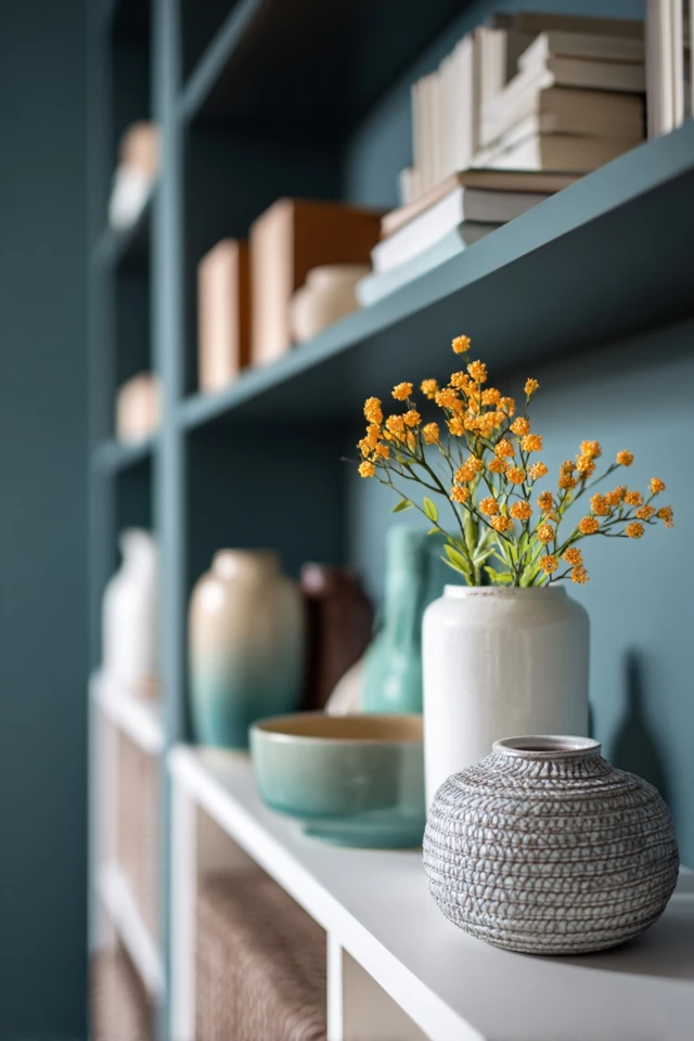Office shelving unit with organized boxes and desk storage for files