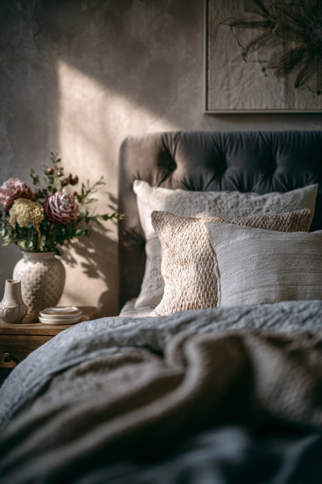 Minimalist bedroom detail showing textured bedding and simple furniture