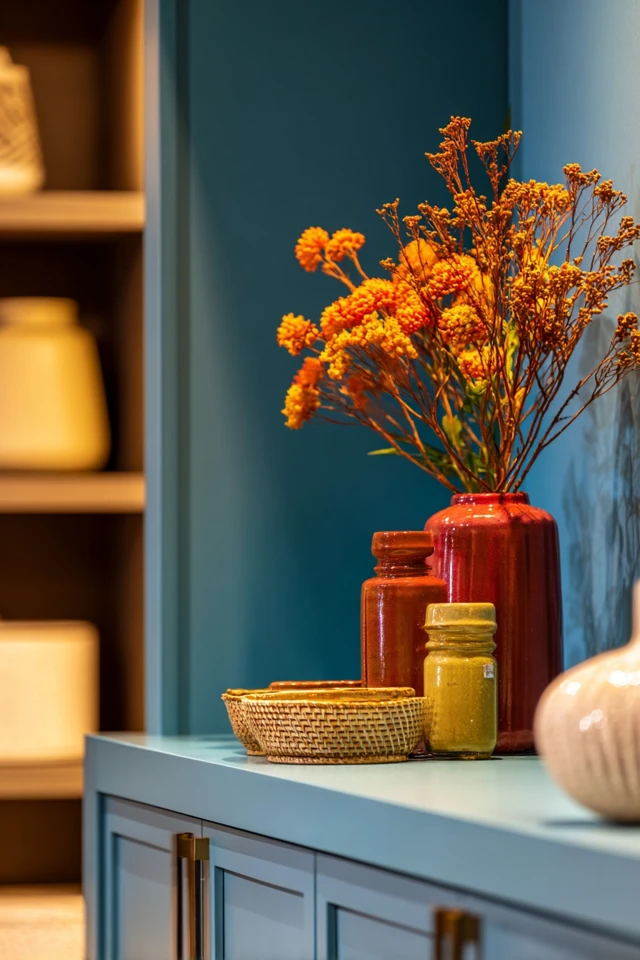 Walk-in pantry with shelves along the walls and neatly arranged kitchen goods