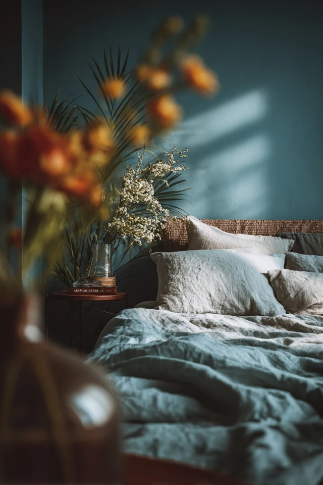 Headboard with open shelving used as bedside storage in a small bedroom