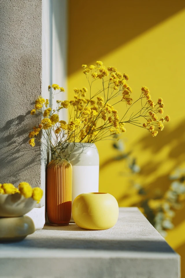 Interior with yellow decor next to contrasting cool colors for a color pairing example
