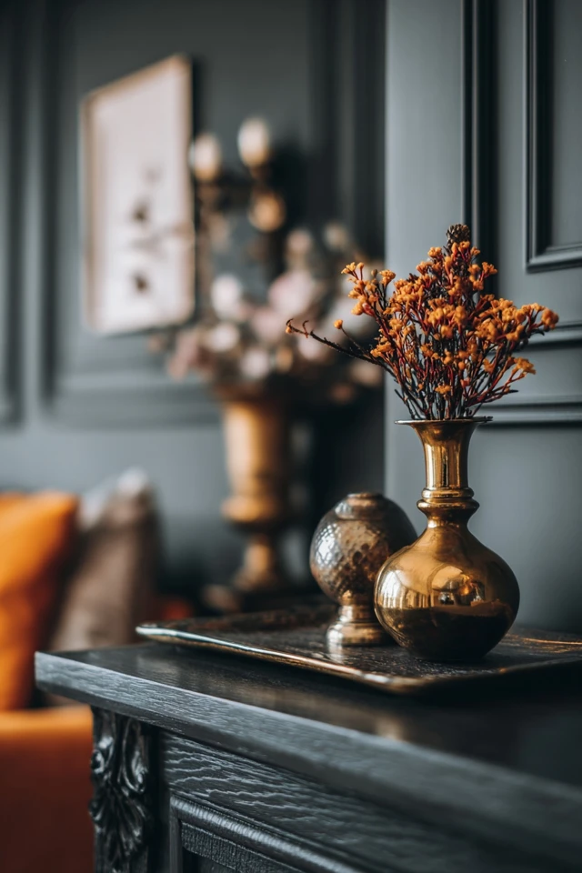 Room showing brown wood and leather furniture with complementary decor colors