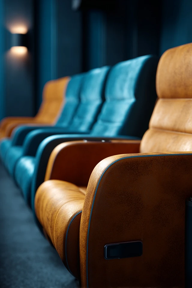 Dimly lit small home theater with cozy seats and soft ambient lighting