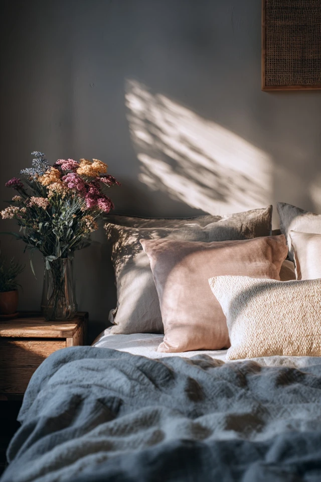 Bachelor bedroom showing mixed textures and materials