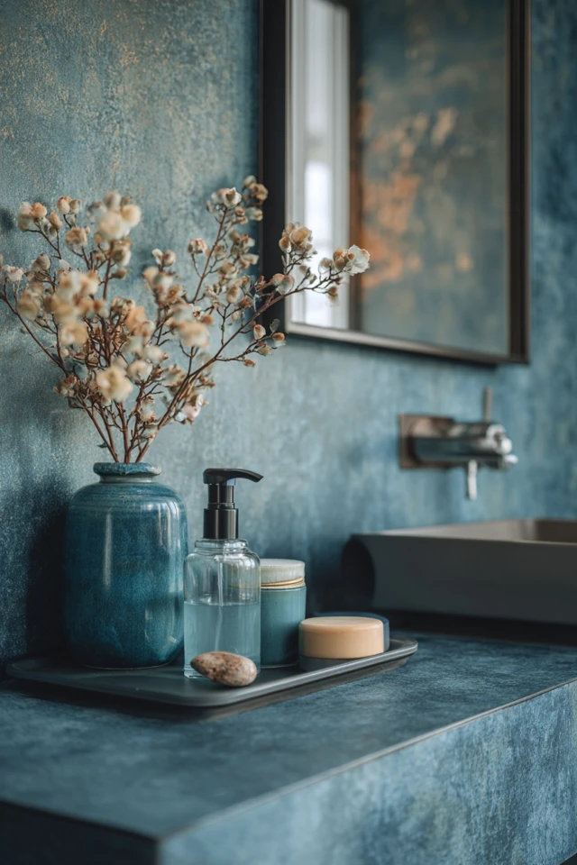 Bathroom with a deep blue vanity as a navy color example