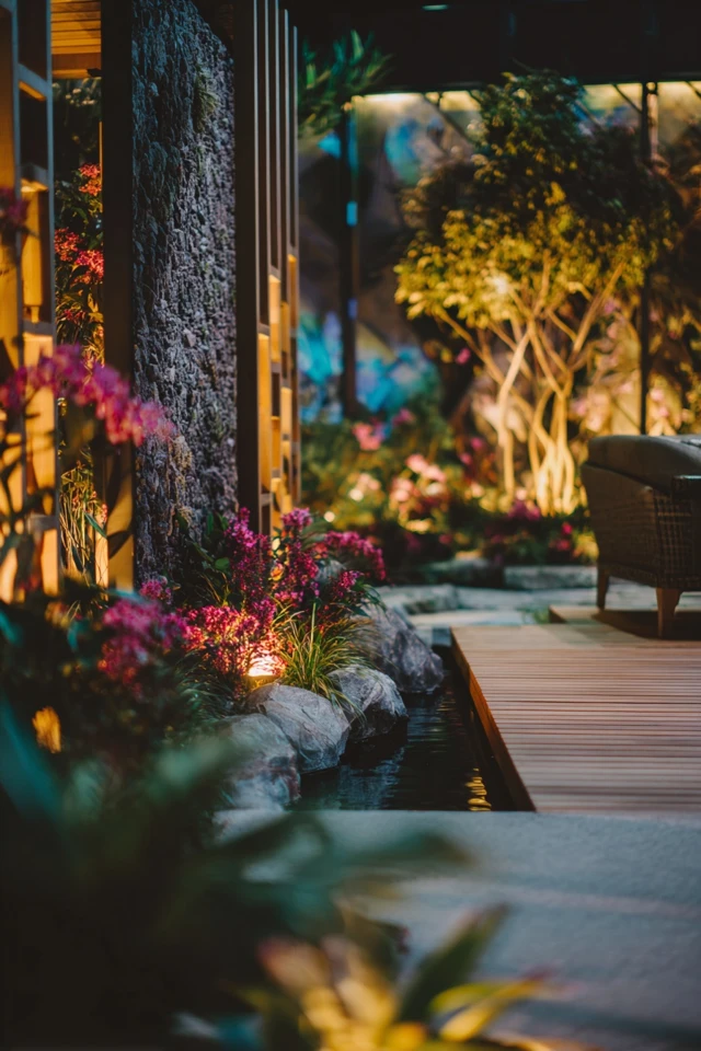 Narrow garden path and small bridge with planting along the edges in a small yard