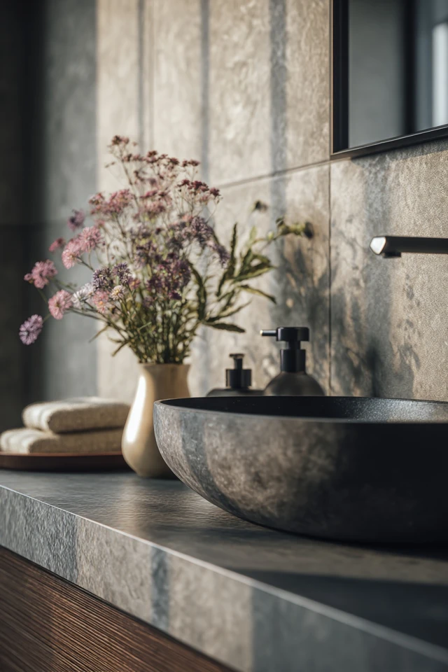 Bathroom detail showing wood and stone textures in a Japanese-inspired design