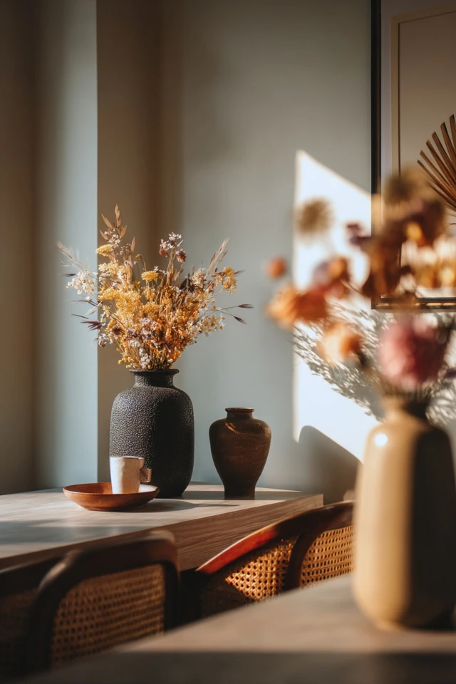 Room styled with wood, linen and other natural materials in an Asian interior design look
