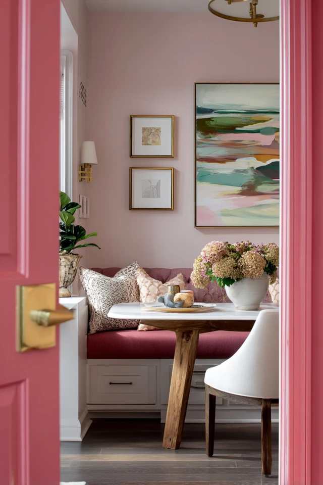 Breakfast nook table with chairs and decor styled for a small kitchen