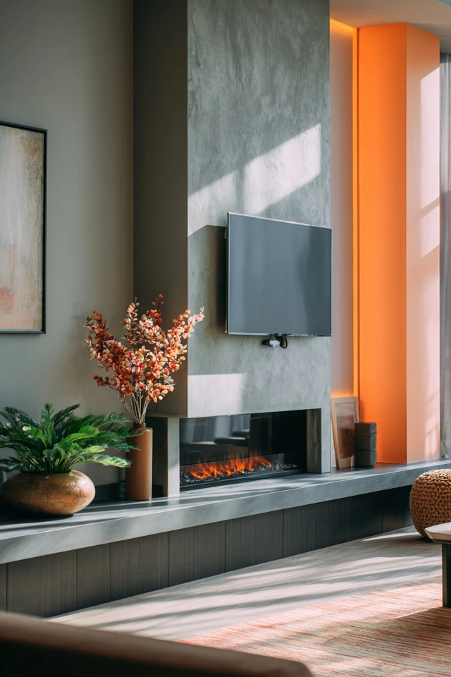 Modern living room focal wall combining a fireplace and TV above