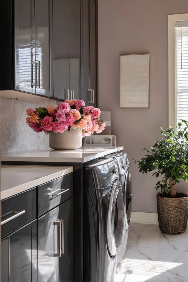 Washer and dryer disguised in a laundry nook with doors and storage nearby