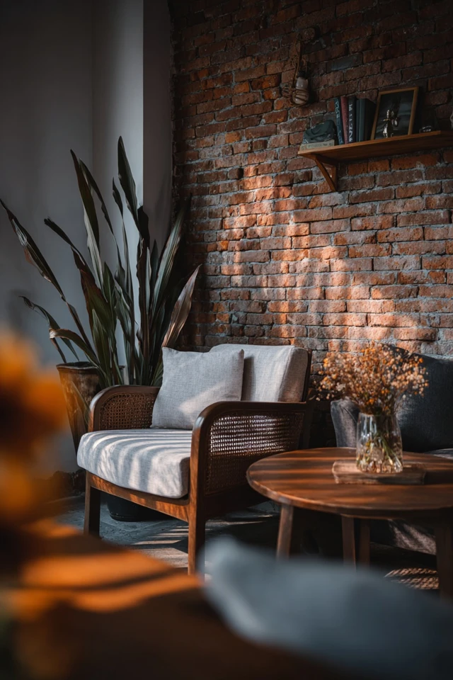 Room with a brick accent wall paired with simple furnishings and soft textiles