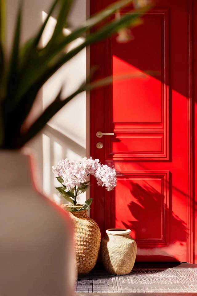 Orange front door framed by trim and surrounding exterior materials at a home entry