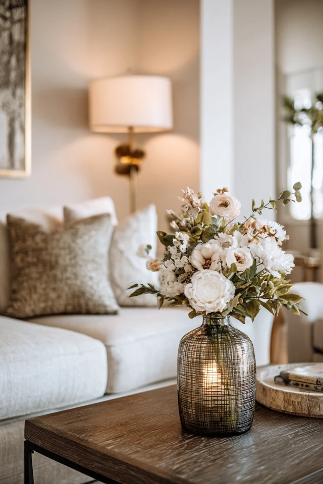 Industrial farmhouse living room seating area with layered textiles and rug