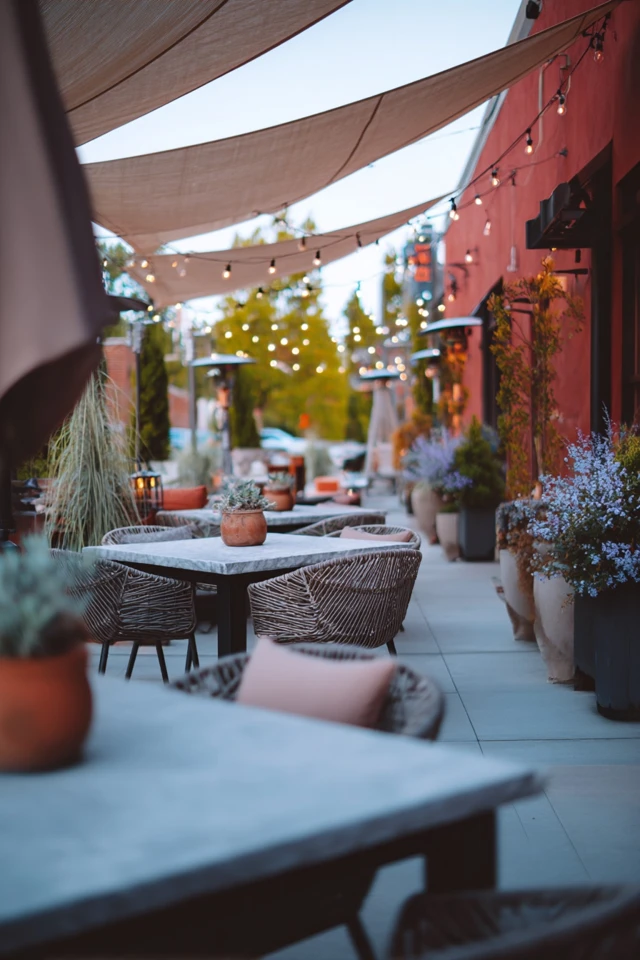 Patio seating area showing mixed outdoor materials and textures under shade