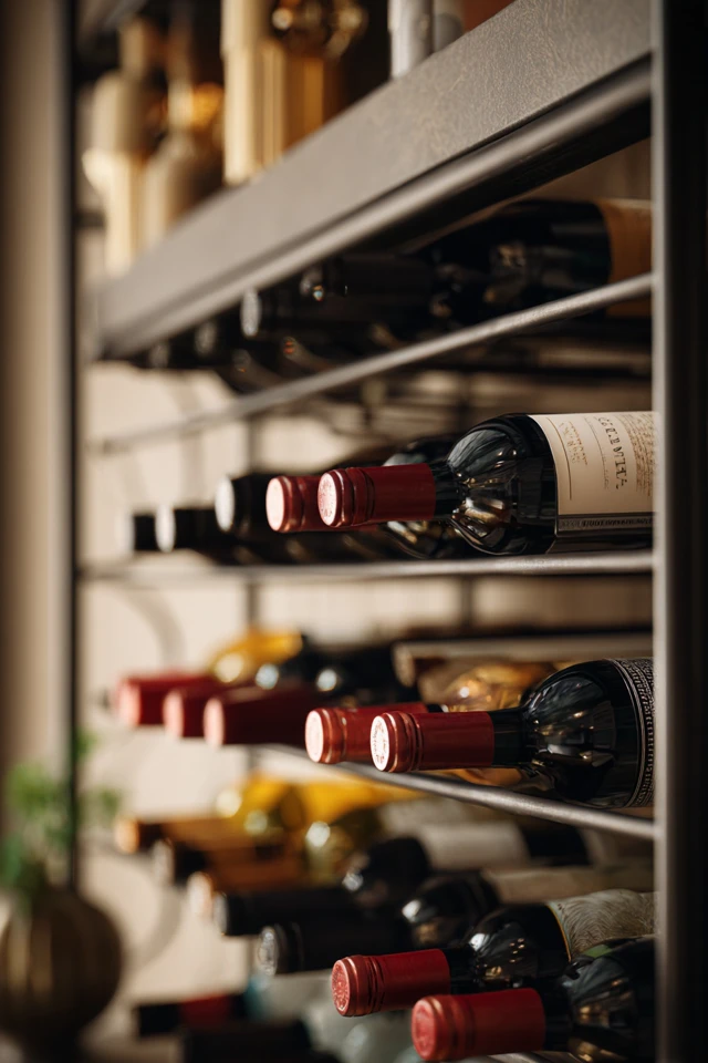 Wine storage display in a home showing the rack's material and finish beside bottles