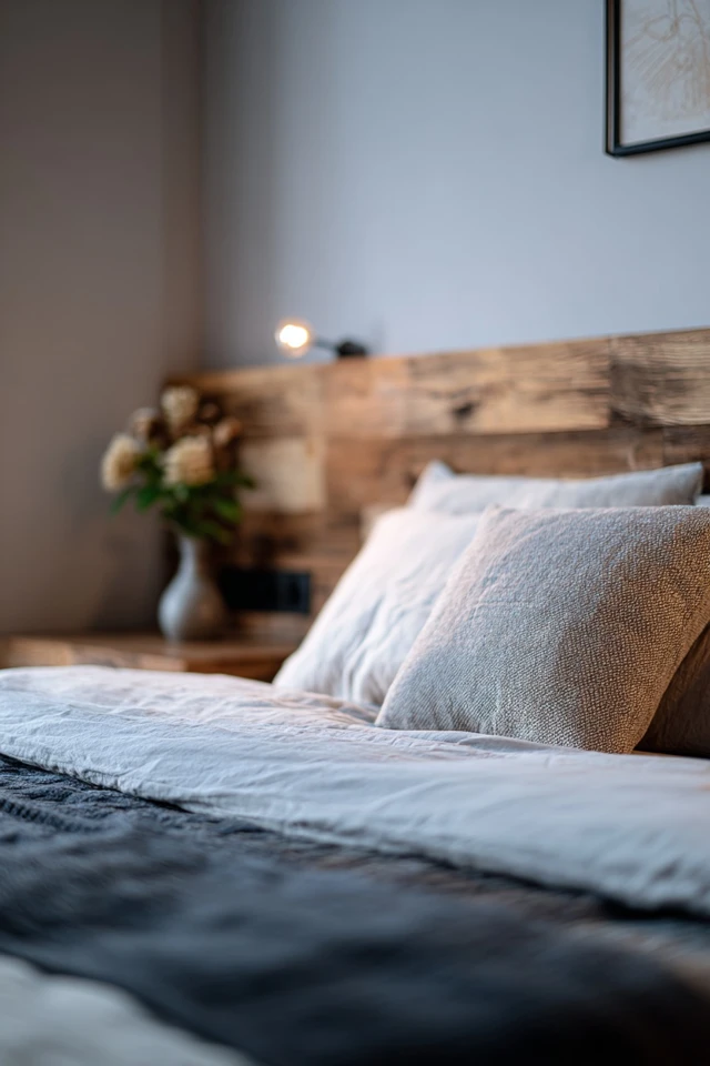 Industrial farmhouse bedroom showing wood, metal and soft textiles used together