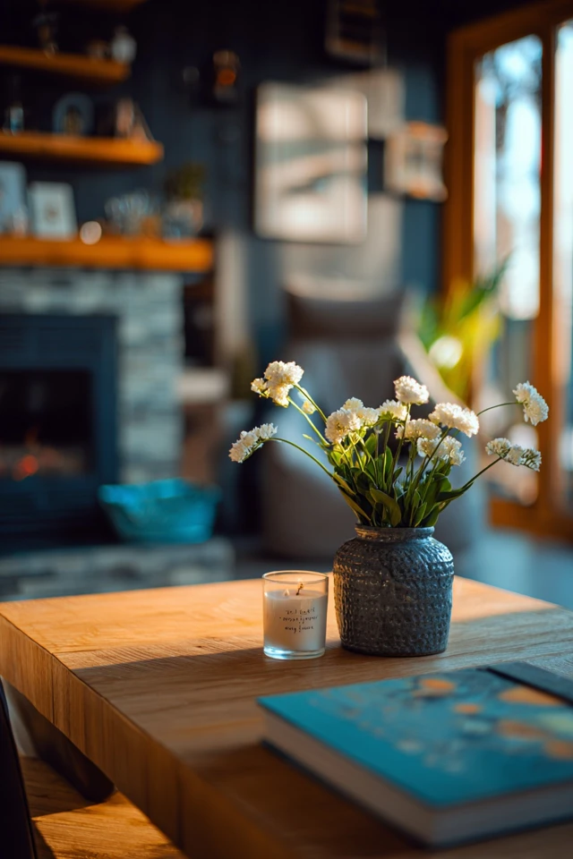 Cabin interior detail showing warm lighting and natural materials