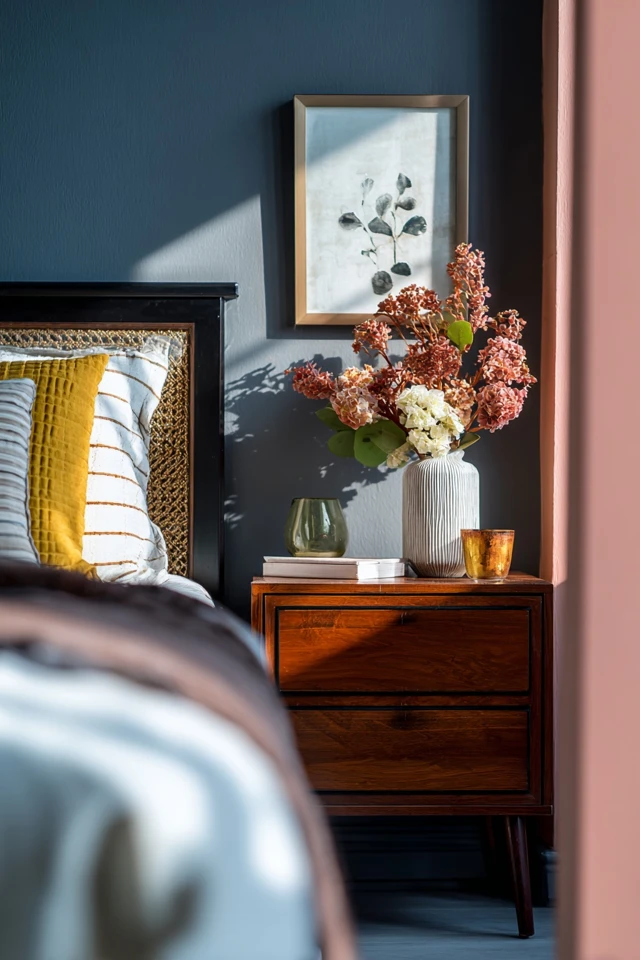 Nightstand top arranged with a few decorative and everyday items