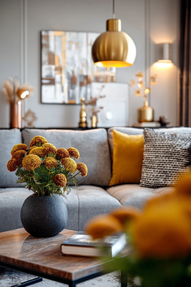 Light grey sofa in a small living room with a rug and side table