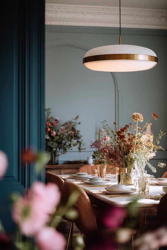 Glam dining table and chairs styled with velvet and metallic accents