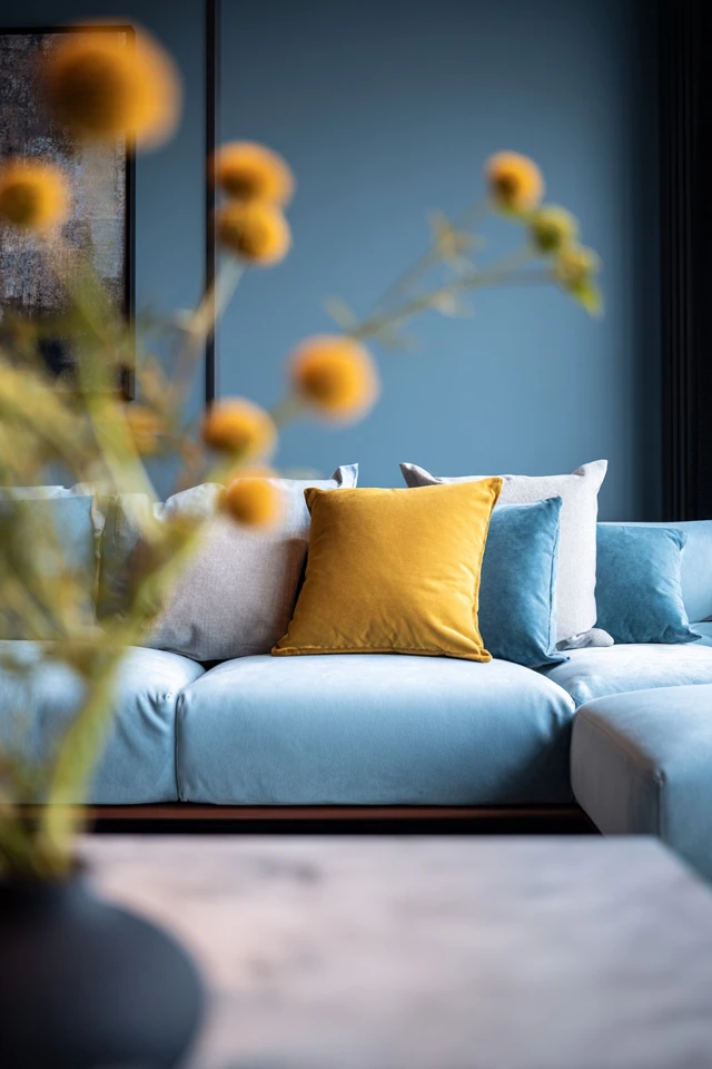 Couch in a living room with pillows arranged at both ends