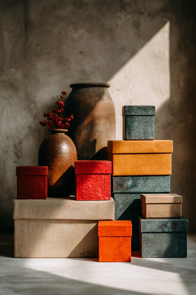 Wrapped Christmas boxes of different sizes arranged as a holiday display in a home