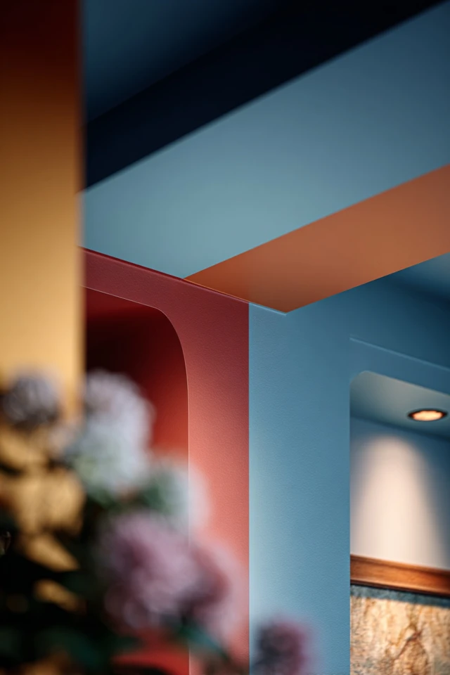 Bedroom ceiling with beams above the bed area