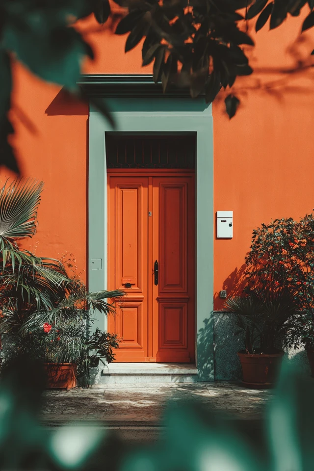 Burnt orange front door with hardware and trim details at the entry