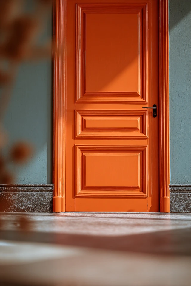 Burnt orange front door with metal handle and hardware detail