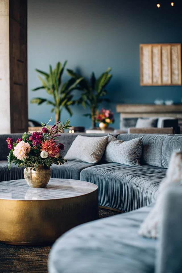 Conversation pit couch with soft upholstery and layered lighting in a living room