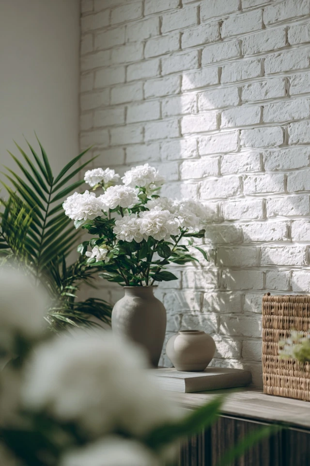 Brick accent wall in a bedroom with warm lighting and natural materials