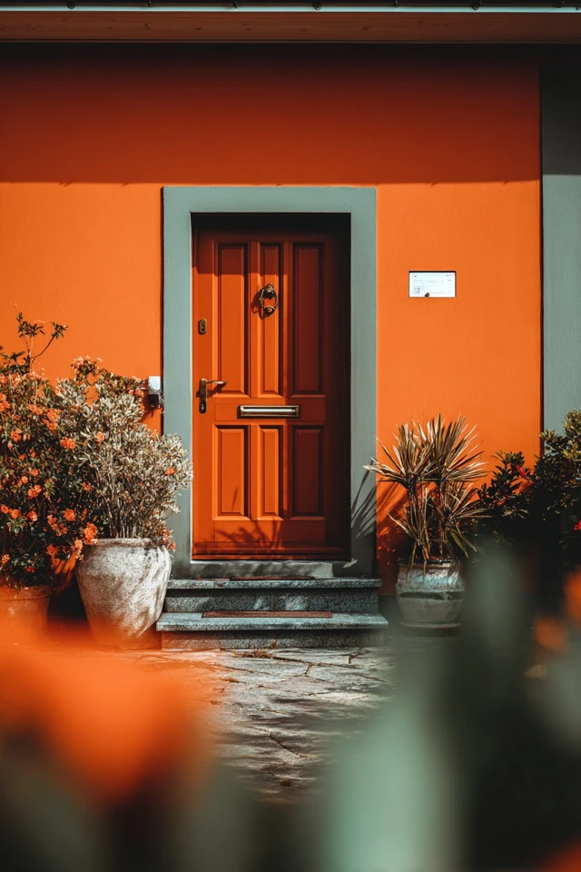 Front door painted in a warm burnt orange shade with hardware and trim visible