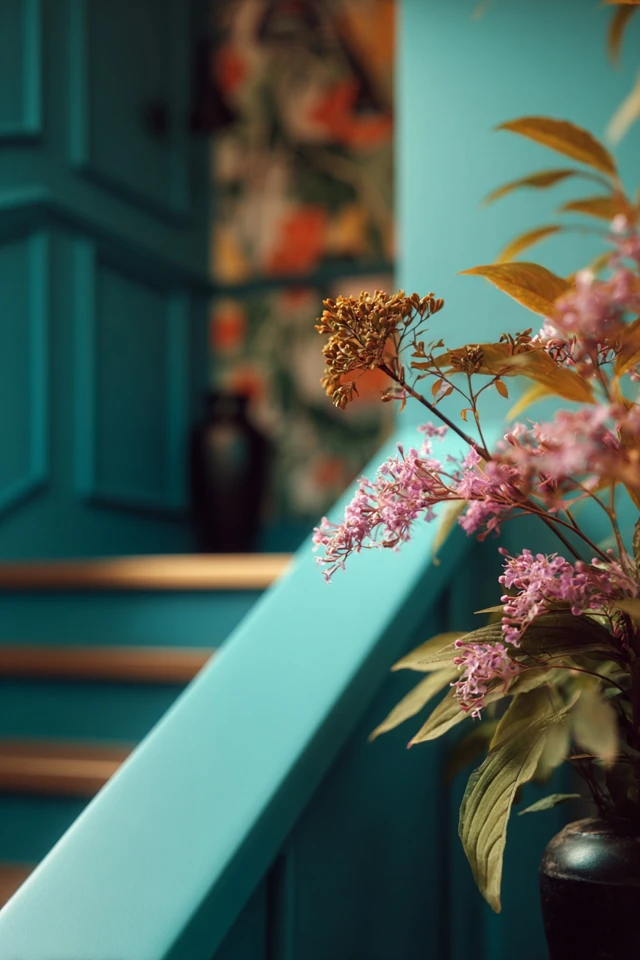 Stairway and landing with wallpaper on the wall, showing pattern scale on a stair run