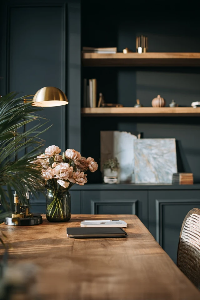 Home office shelving unit with organized storage and a work surface
