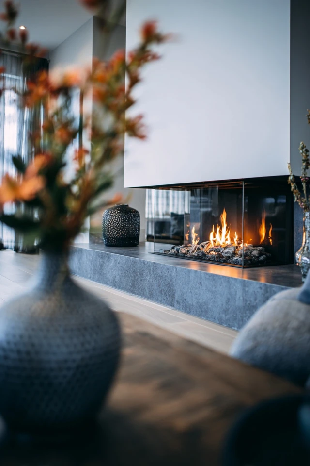 Tiled fireplace wall rising toward the ceiling in a living space